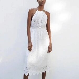 NEW ZARA White Eyelet Midi Dress Open Back Large NWT